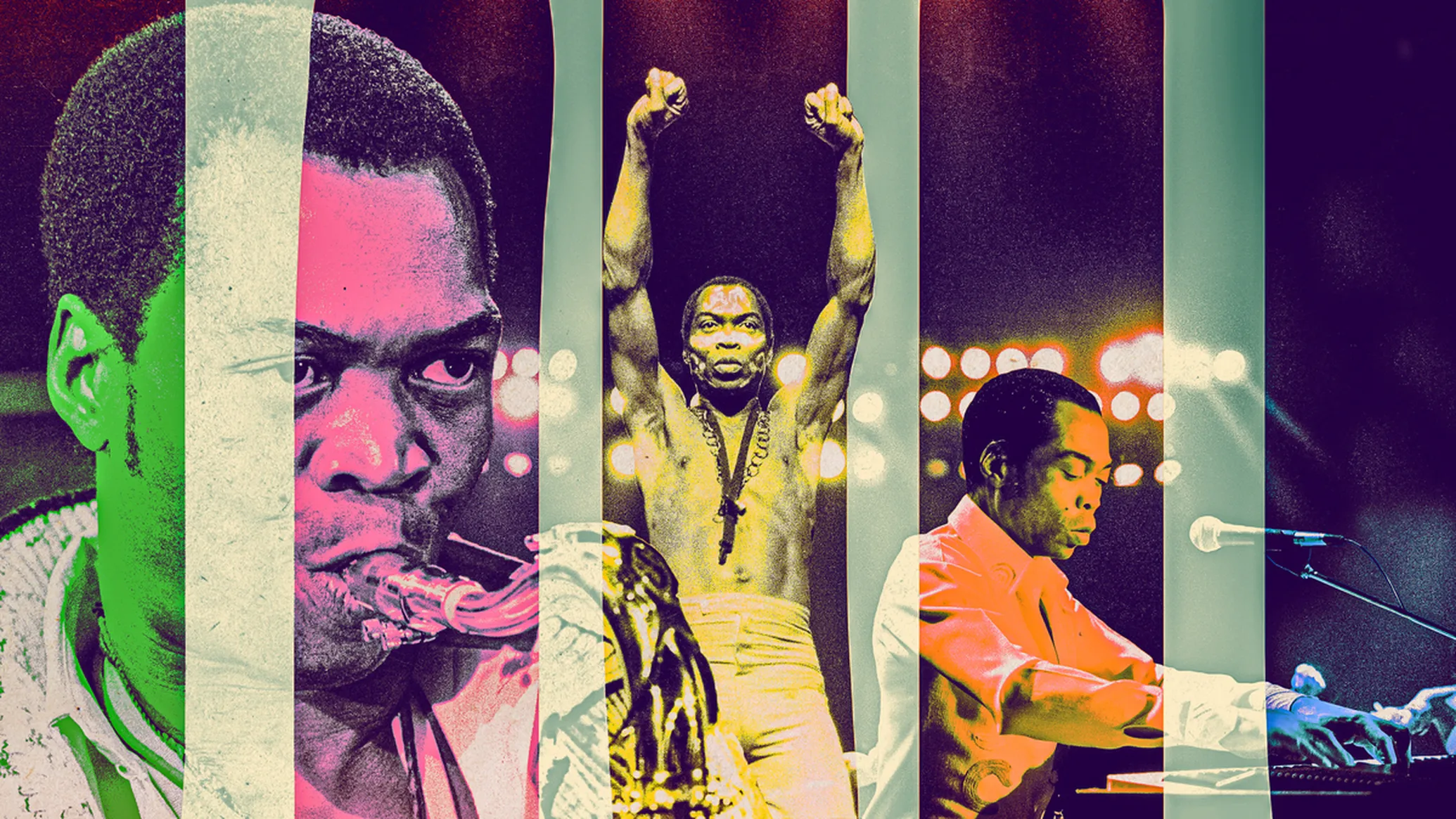 Illustration of Fela Kuti with a raised fist, for the Zombie 50th anniversary story