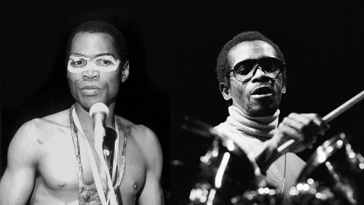 Black and white archive photo of Fela Kuti and drummer Tony Allen, from the Zombie 50th anniversary story