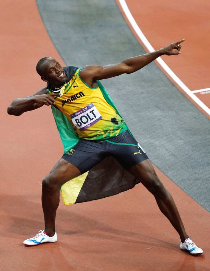 alt="Usain Bolt striking lightning pose at Olympics"