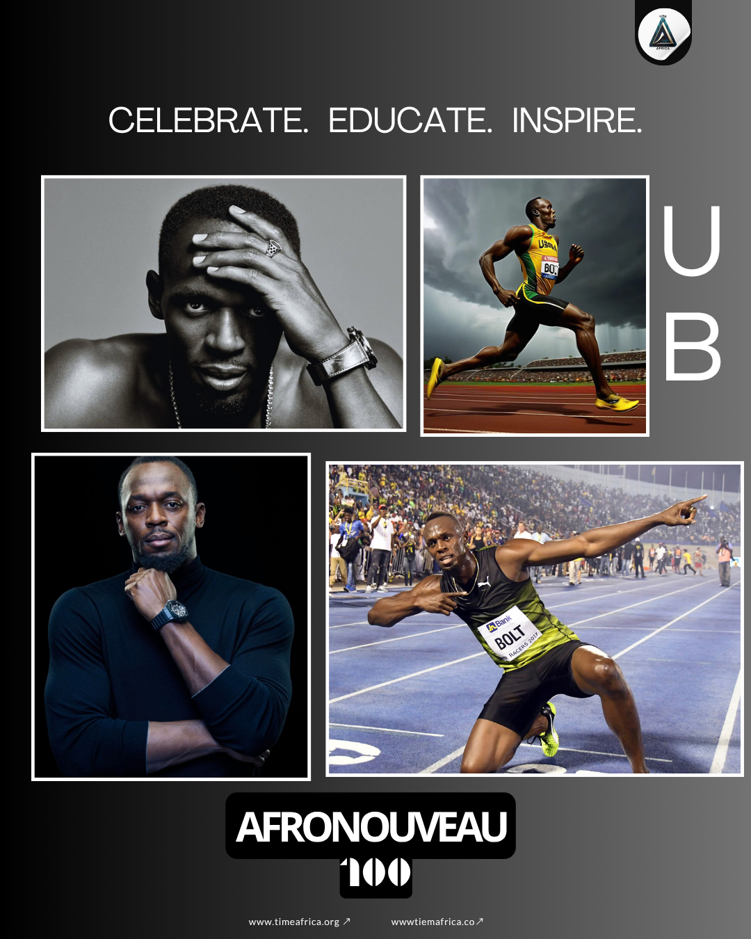 alt="Usain Bolt smiling before 100m sprint"
AfroNouveau100, Time Africa