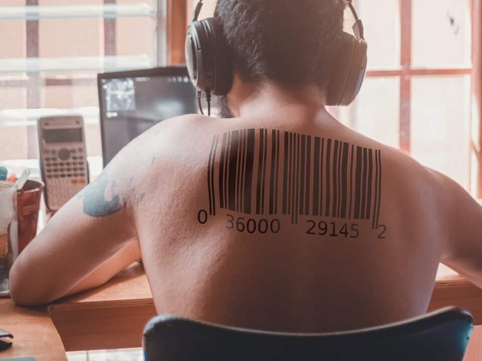 Attention economy, topless man wearing black headphones