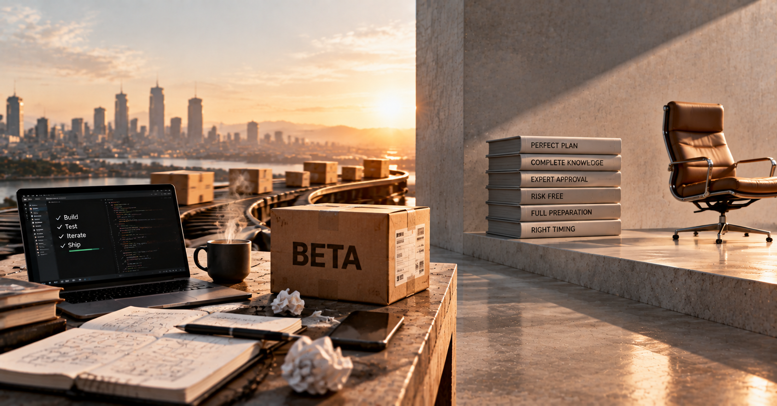 Conveyor belt carrying cardboard boxes in a warehouse, symbolizing shipping a beta product before it is perfect