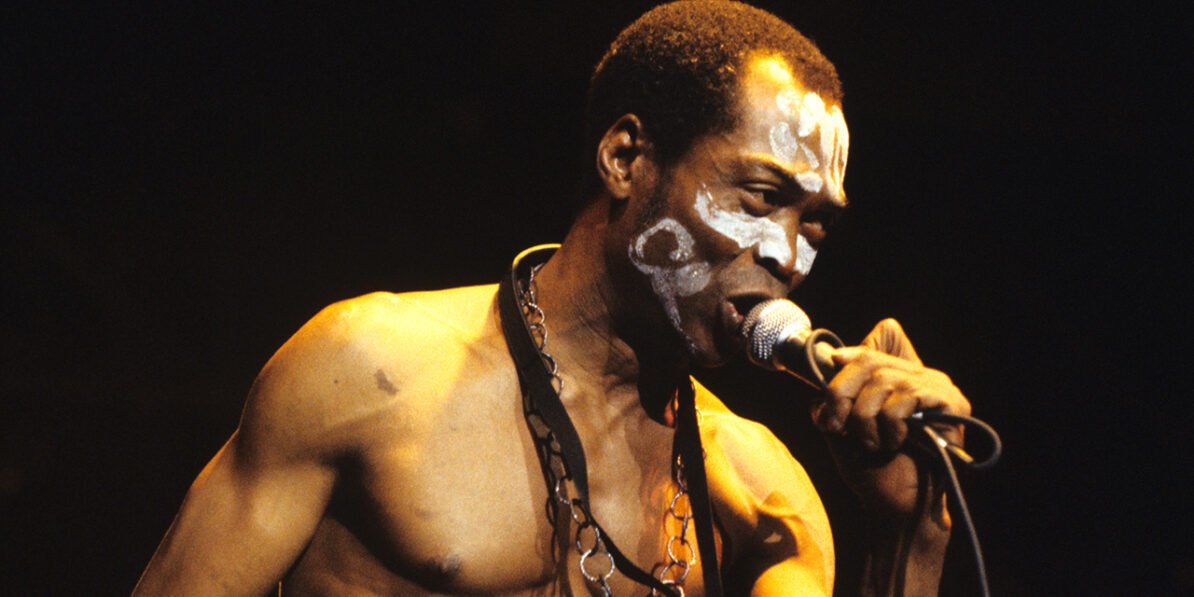 Fela Kuti singing into a microphone, pictured for the Zombie 50th anniversary reissue story