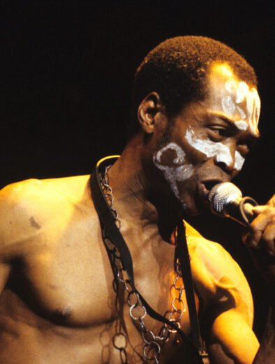 Fela Kuti singing into a microphone, pictured for the Zombie 50th anniversary reissue story