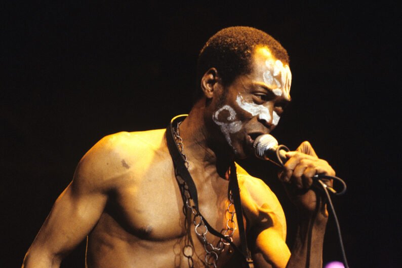Fela Kuti singing into a microphone, pictured for the Zombie 50th anniversary reissue story