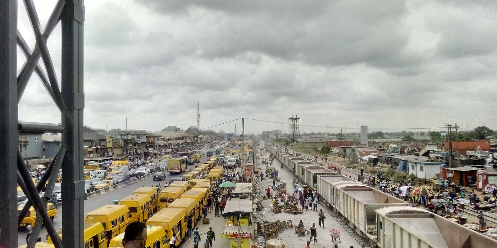 A busy highway at Oshodi, Lagos, packed with cars and buses